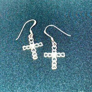Vintage? Sterling Heart Cross Dangle Earrings with sparkling center stone